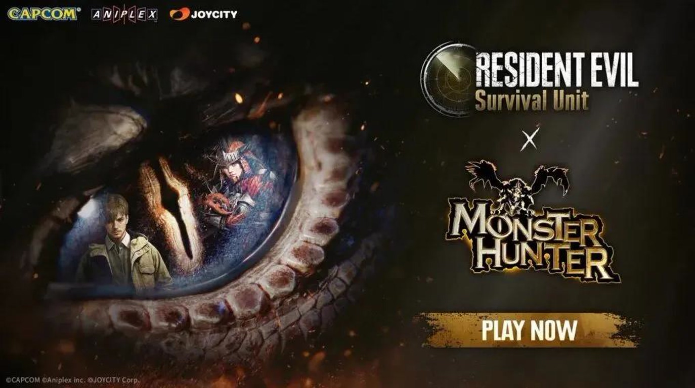 Promotional Banner for Resident Evil Survival Unit X Monster Hunter Featuring a Close up Eye and a Prominent 'play Now' Button