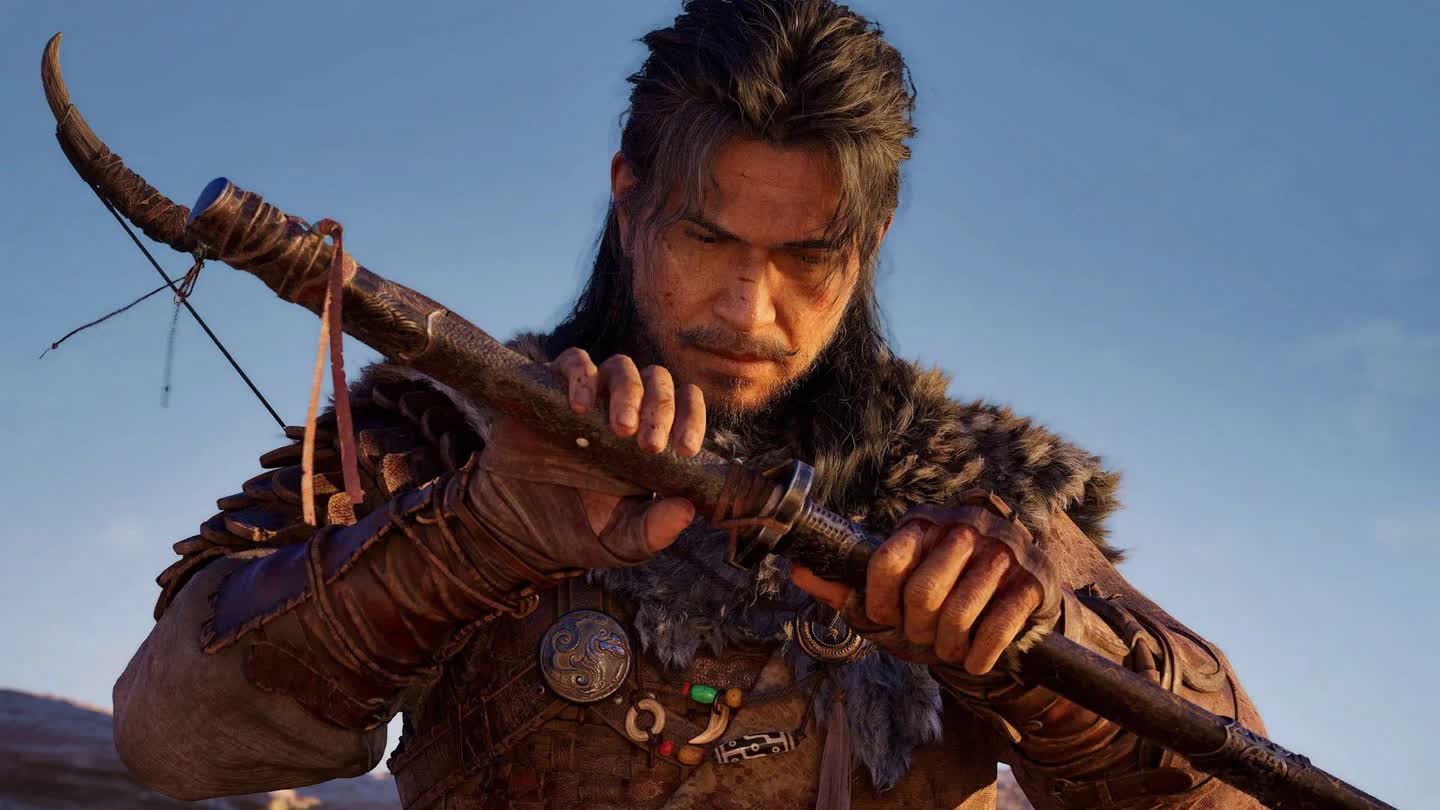 Male Warrior in Fur Armor Examining a Carved Wooden Spear in a Desert Landscape While the Blue Sky Looms Behind Him