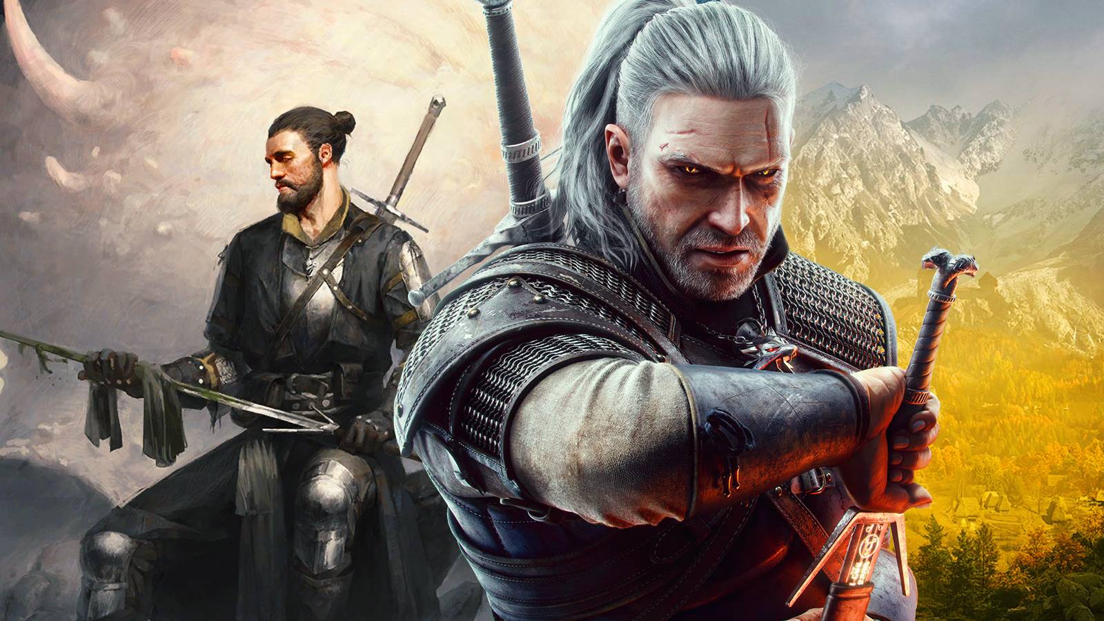 Geralt of Rivia in Armor with Drawn Sword Foreground Another Swordsman Behind Him in a Rugged Mountain Landscape