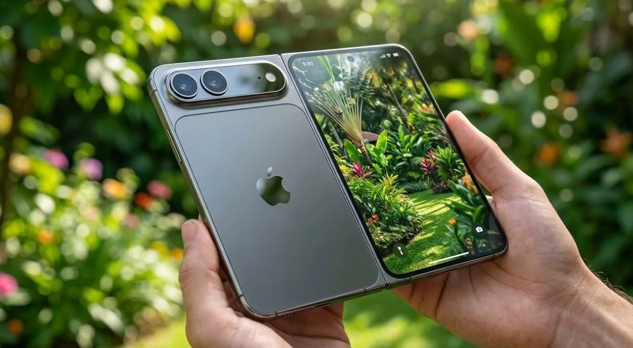 Foldable gray smartphone held open, back shows dual-camera module; the front screen displays a lush garden scene.