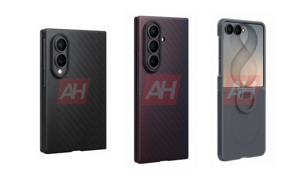 Left to right: three protective smartphone cases for a triple-camera phone—black carbon-fiber texture, red-diagonal pattern, and gray flip/kit case with a back circular mounting ring.