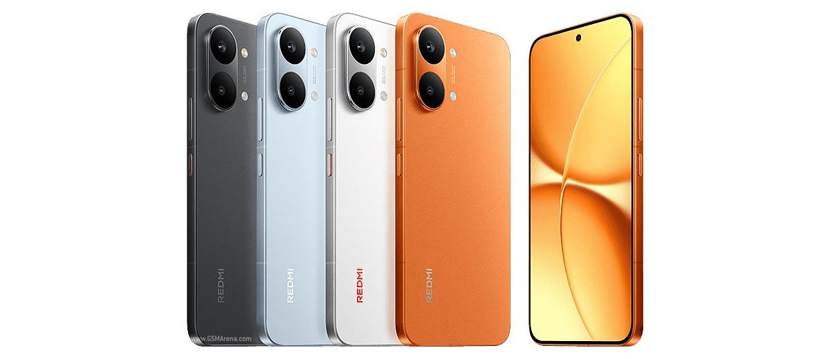 Lineup of Redmi smartphones in black, blue, white, and orange, showing back designs and a front orange screen on the right.