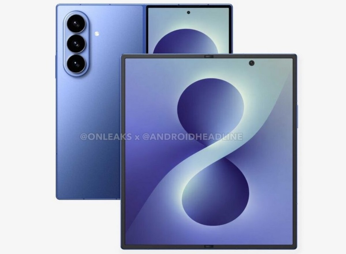Blue foldable tablet with a large inner display and a triple-camera module on the back, shown open and facing forward on a light background.