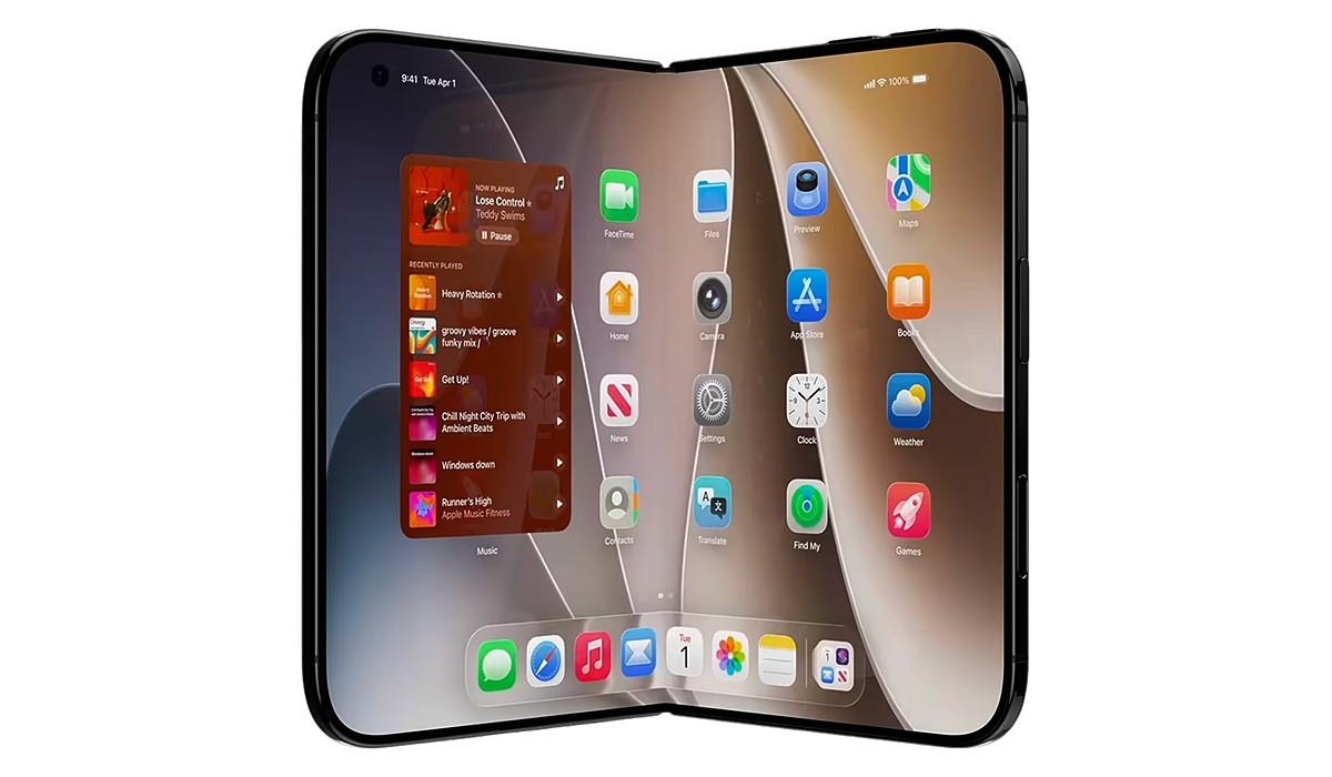 Foldable smartphone opened with a curved, edge-to-edge home screen filled with app icons.