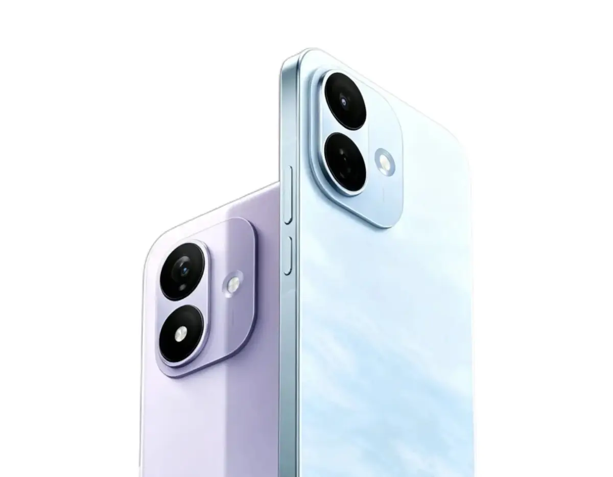 Two pastel-colored smartphones shown from the back, featuring dual-camera modules in lavender and light blue finishes.