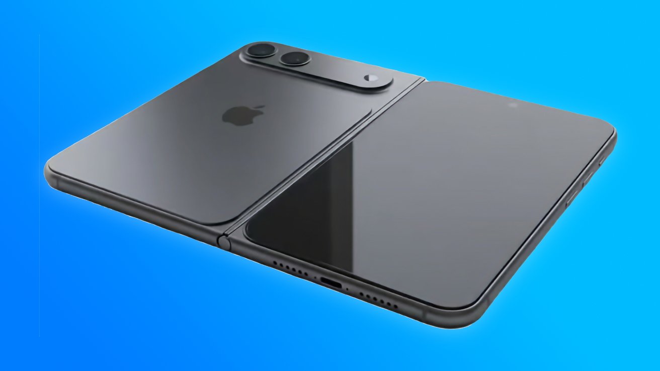 Back view of a dark gray iPhone showing its dual-camera bump and Apple logo on a bright blue background, angled diagonally from left.