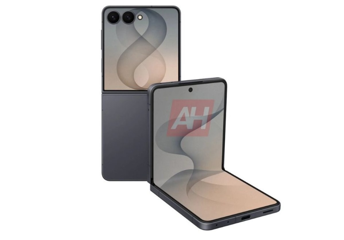 Two foldable smartphones, one open flat and the other standing upright, showing a large flexible inner display and dual rear cameras on the back panel.