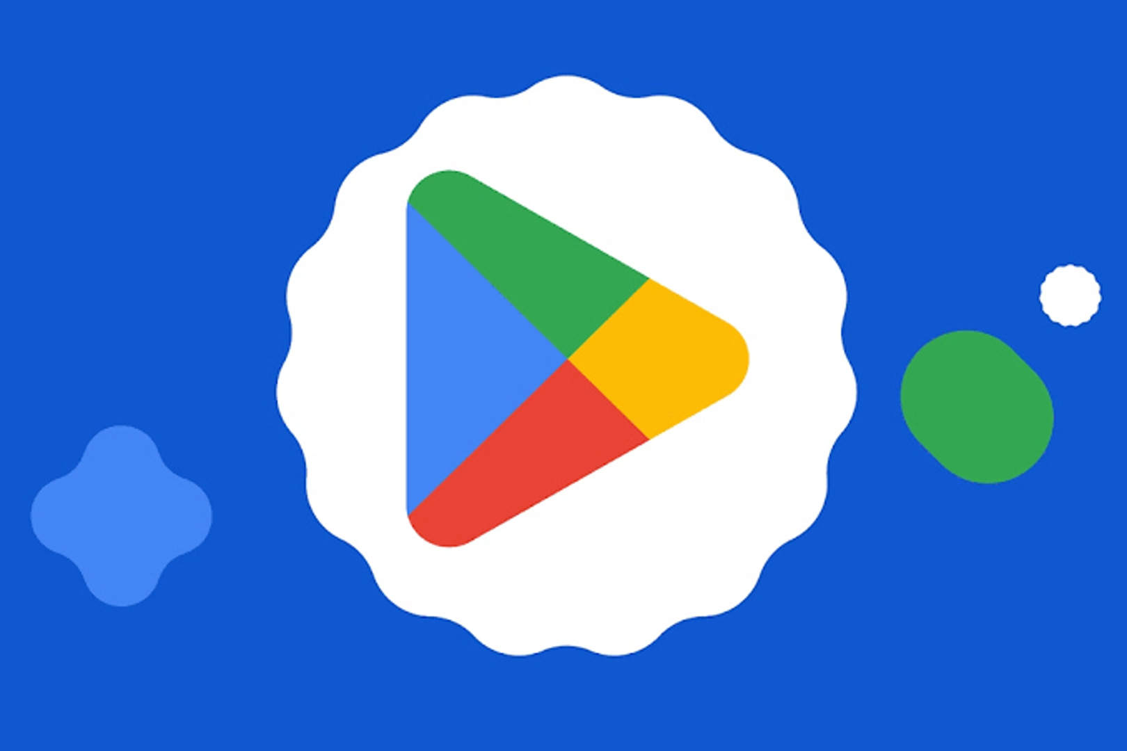 Google Play Store logo on a white scalloped badge against a blue background.