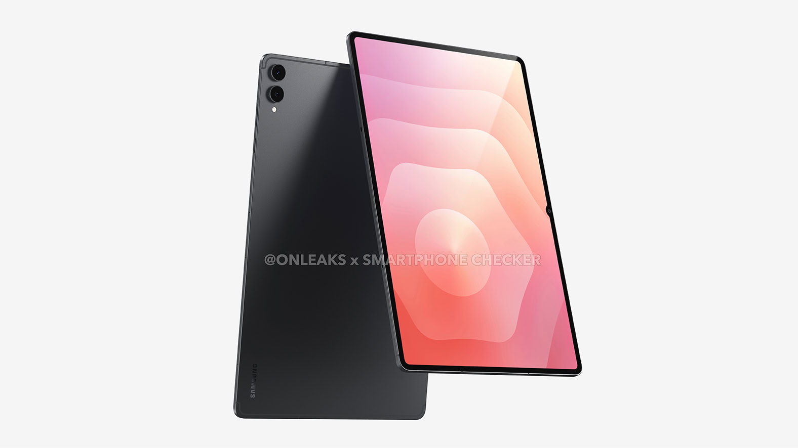 Black tablet shown from back and front angles, featuring dual rear cameras and a pink gradient front display against a light gray background.