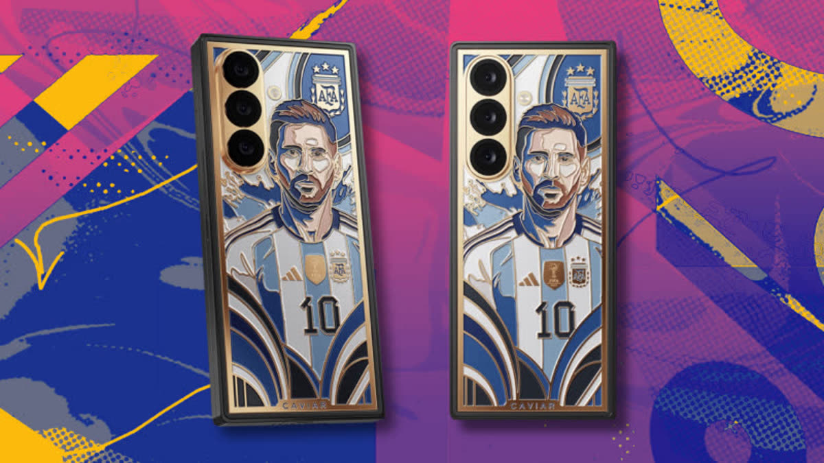 Two phone cases featuring a stylized Lionel Messi portrait in Argentina jersey number 10 on a vibrant abstract background.