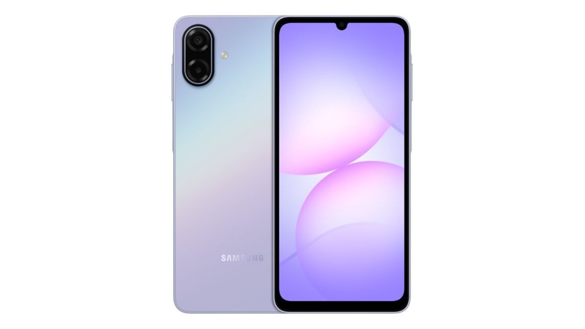Samsung smartphone shown from both sides: gradient lavender back with dual-camera module and front display with a small notch at the top.
