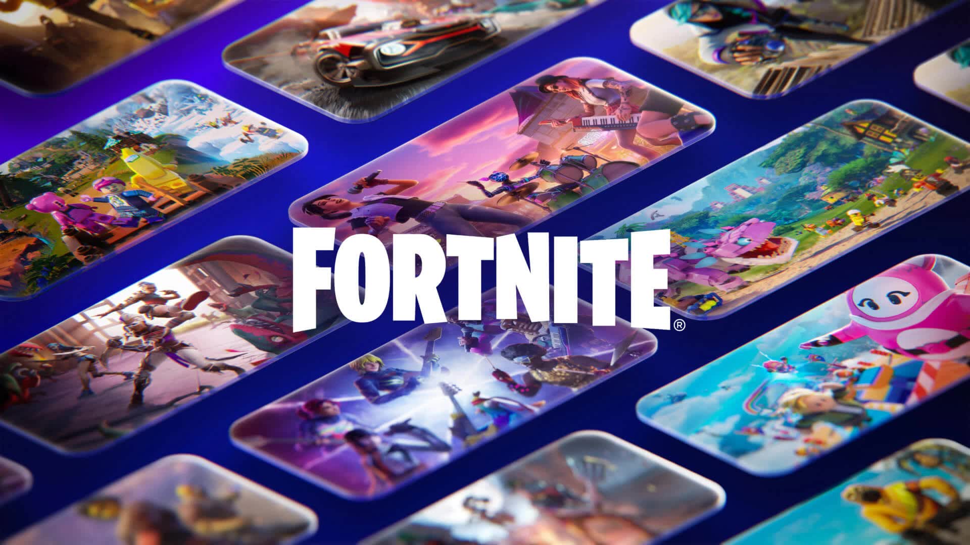 Colorful Collage of Fortnite Gameplay Scenes and Characters Surrounding a Bold Fortnite Logo in the Center