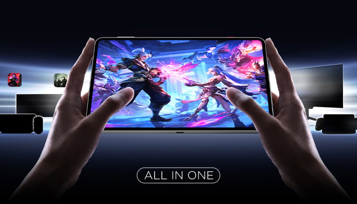 Two hands hold a smartphone in landscape showing a vibrant fantasy battle game; 'ALL IN ONE' text at the bottom.
