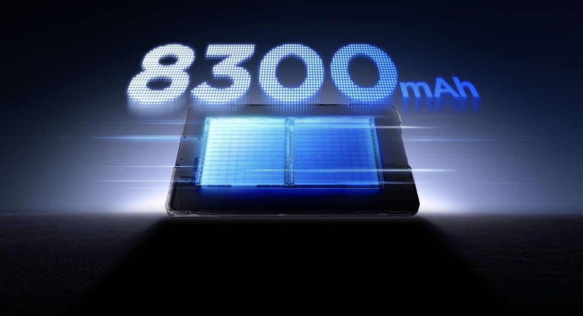 Smartphone battery with 8300 mAh capacity highlighted in blue glow behind the device