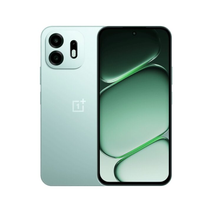 Mint green smartphone shown from back and front, featuring a square camera block with two large lenses and a vertical flash on the rear panel.