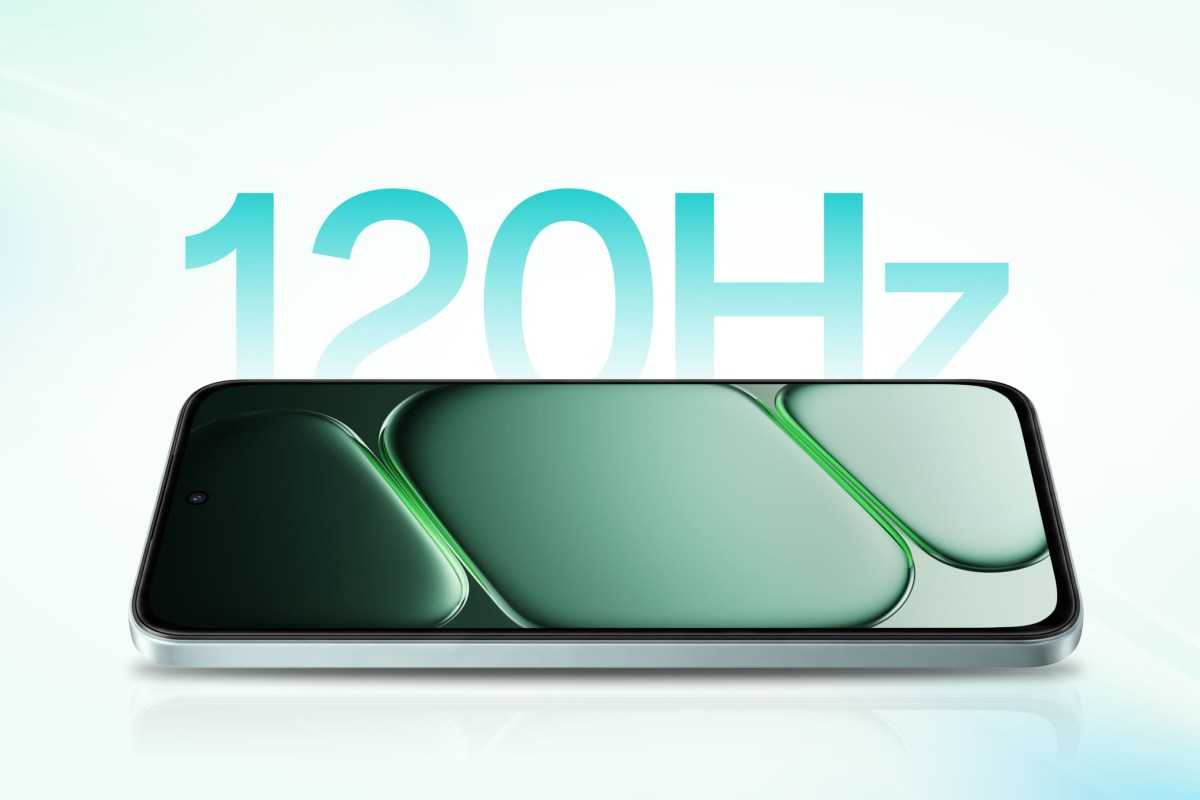Smartphone lying flat with an edge-to-edge display and a large 120 Hz text in the background illustrating the refresh rate.