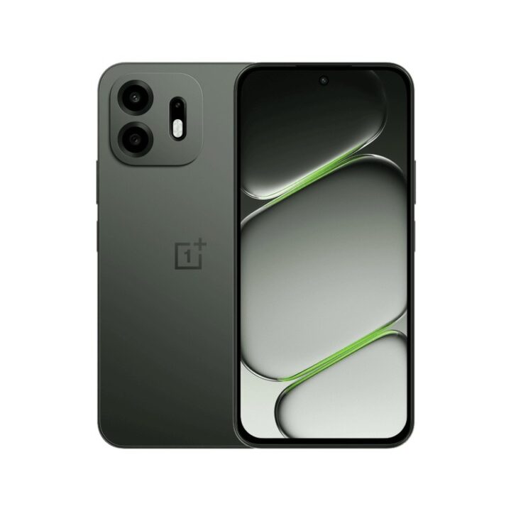 Green back smartphone with a dual-camera square module and OnePlus logo; front shows edge-to-edge display.
