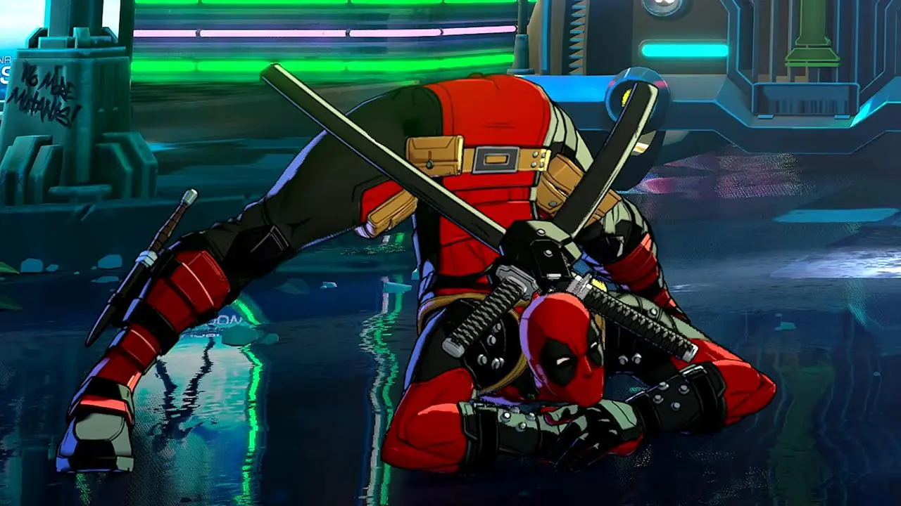 Deadpool Kneels on a Neon lit Floor with Two Swords Crossed on His Back Ready for Battle in a Futuristic City Setting