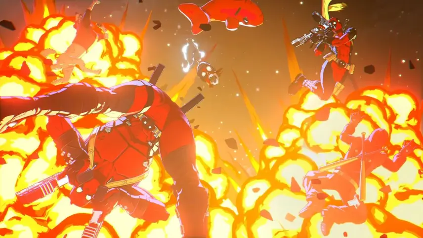 Red armored Soldiers Battle Amid Massive Explosions and Fire Debris Flying Through a Chaotic Battle Scene