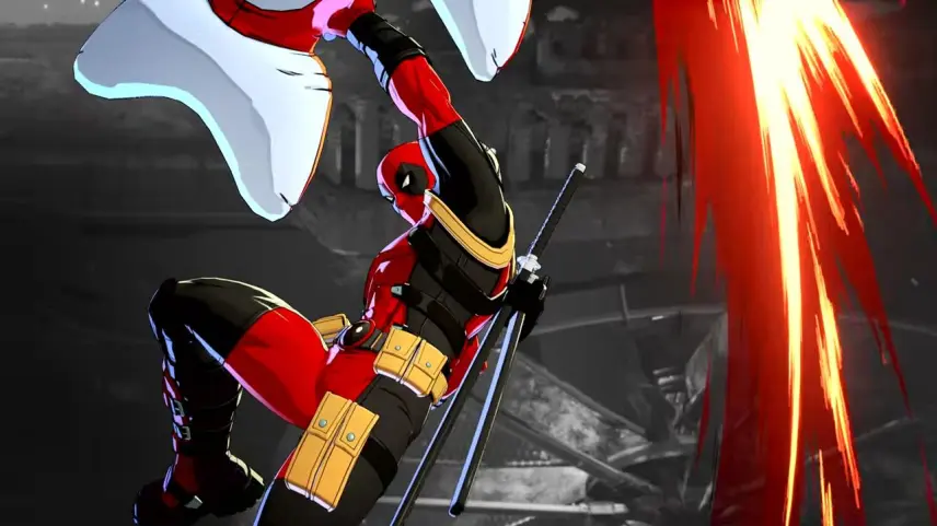 Red and black Armored Hero in Mid action Wielding Two Swords As Debris and Bright Energy Flash Around Him