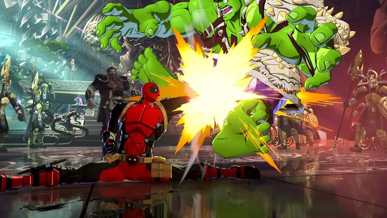 Deadpool on the Floor Fires at a Large Green Armored Ogre As an Explosion Erupts Between Them with Allies Watching in the Background in a Sci fi Arena Scene