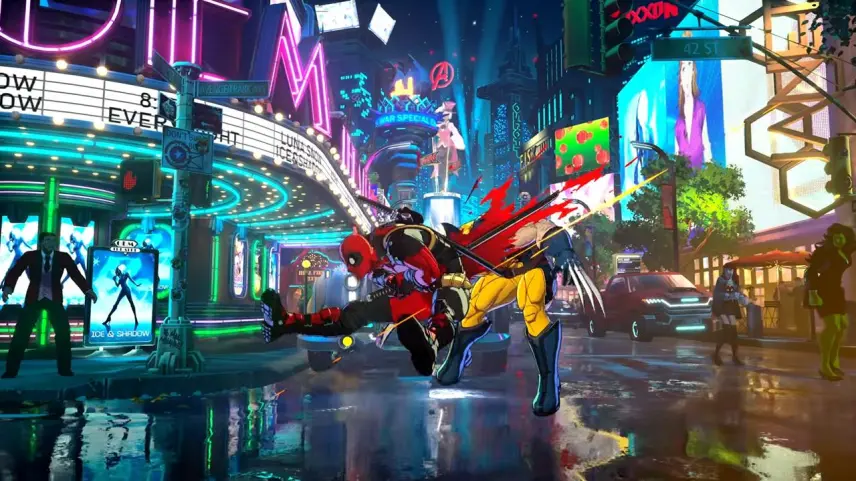Two Masked Superheroes Clash in a Neon lit City Street with Wet Pavement and Bystanders Watching