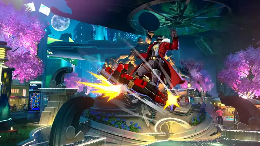 Hero in a Red Coat Jumps on a Scifi Hoverboard Through a Neon City Plaza with Pink Blossom Trees and Bright Energy Trails Behind Him