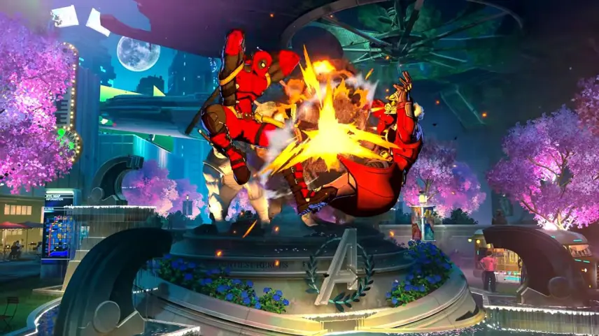 Two Red armored Characters Collide Mid air on a Circular Fountain Pedestal in a Futuristic City Plaza at Night Explosions Bursting Between Them