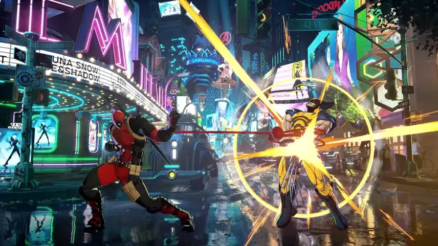Two Costumed Heroes Clash in a Neon lit City Street Deadpool Lunging at a Yellow armored Fighter As Bright Energy Blasts Cross the Scene