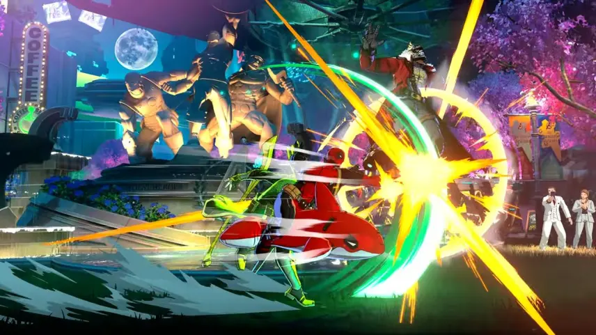 Action packed Battle in a Neon lit Park with a Red Hoverbike and Bright Energy Blasts Colliding Mid air As Figures Fight