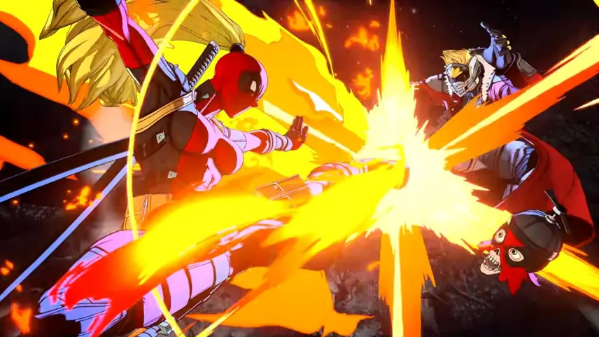 Two Warriors Collide in a Blazing Energy Explosion Orange and Yellow Streaks Filling a Dark Battlefield