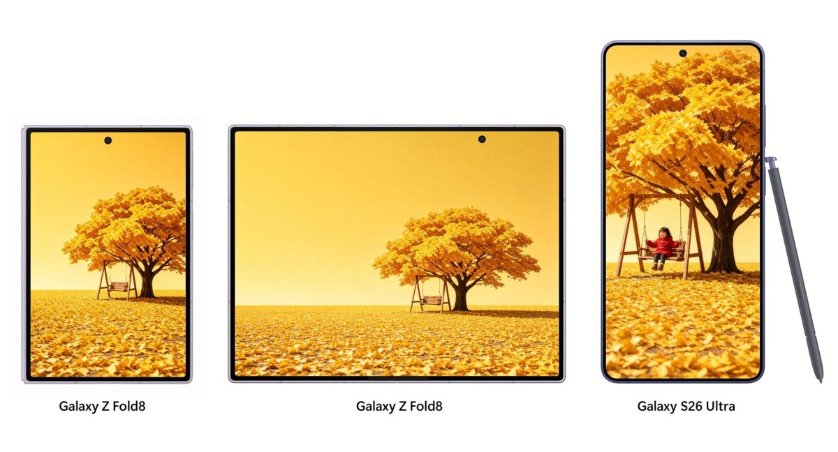 Samsung Galaxy Z Fold8 phones and Galaxy S26 Ultra with stylus on white background, all displaying a yellow autumn tree wallpaper.