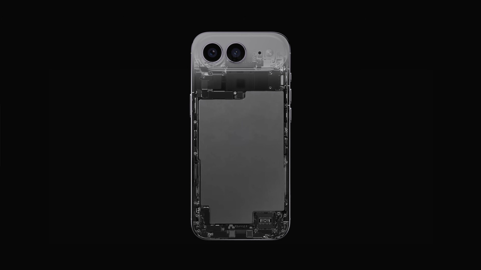 Phone teardown: exposed internals with a transparent back, showing dual rear cameras against a black background.