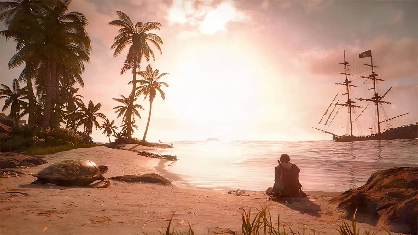 Sunset Beach Scene with Palm Trees a Person Sitting on the Shore a Turtle and a Distant Sailing Ship on the Horizon