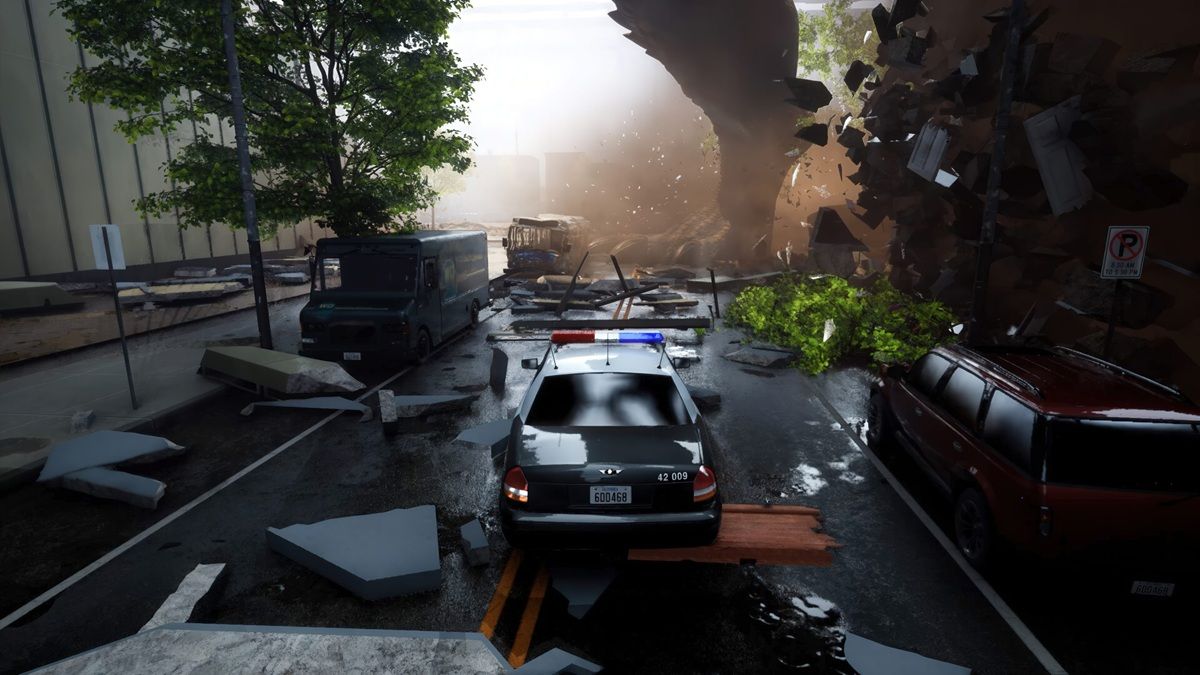 Police Car with Flashing Lights Blocked by Debris on a Flooded City Street After a Collapse Chaos and Rubble Ahead with a Stormy Dust Plume in the Distance