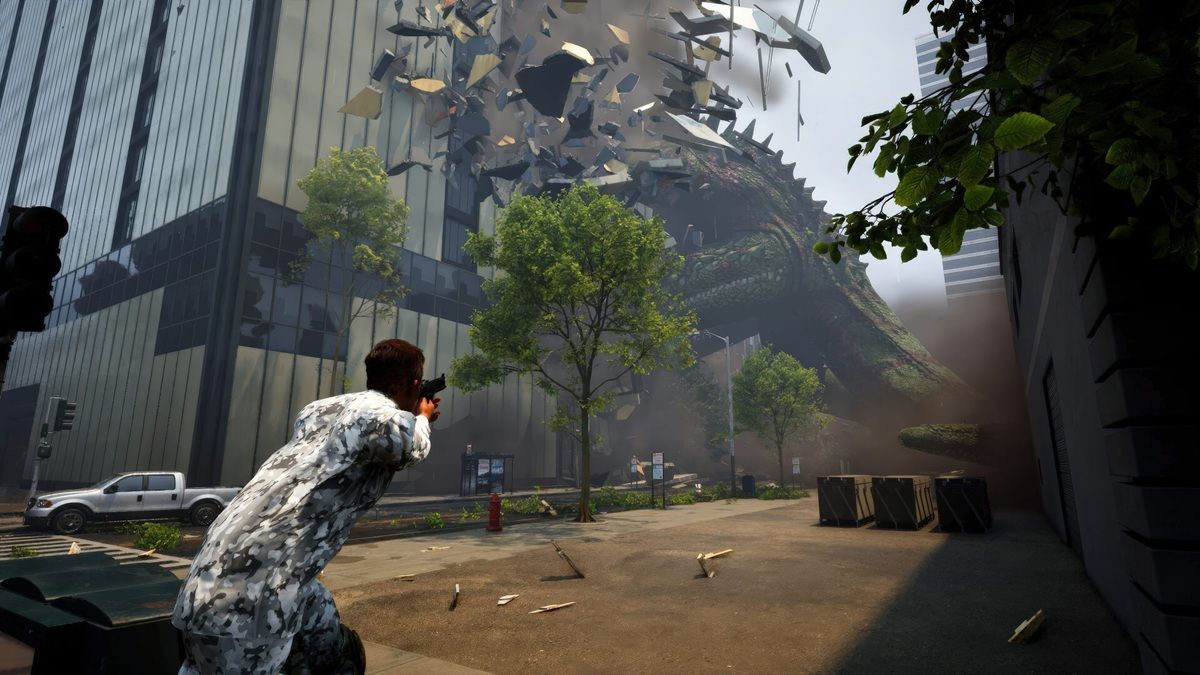 a Man in a White Camo Jacket Fires a Handgun at a Towering Dinosaur Breaking Through a Glass walled City Street with Debris Around Him