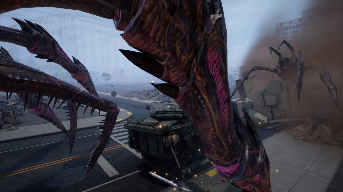 Gigantic Purple Alien Creature Looming over a Military Vehicle on a Ruined City Street Pink Highlights and Debris Around