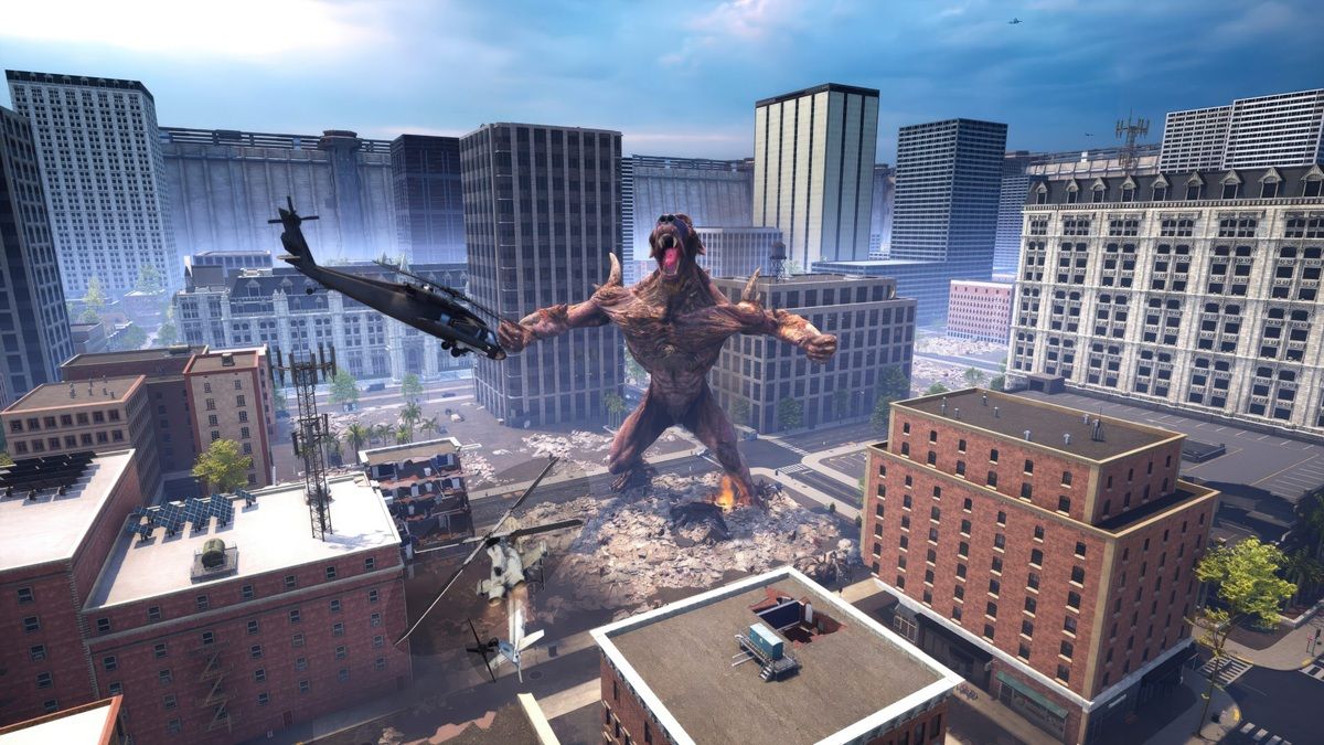 Giant Monstrous Creature Rises in a Ruined Downtown Towering over Crumbled Streets As a Helicopter Hovers Nearby