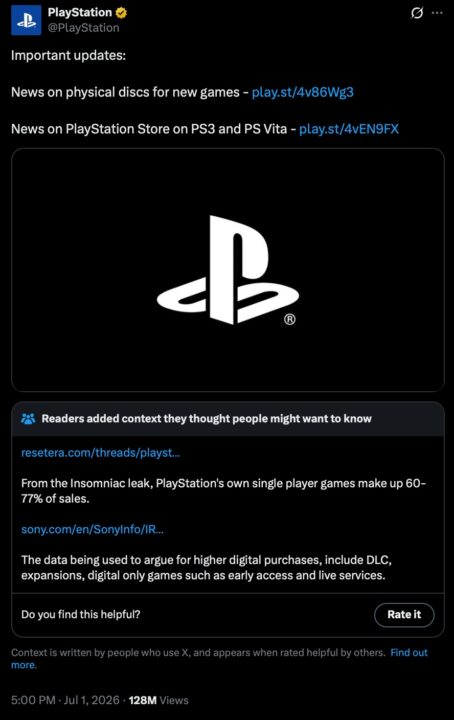 Tweet from Playstation Showing Two Update Headlines with Blue Links and a White Playstation Logo on a Black Background