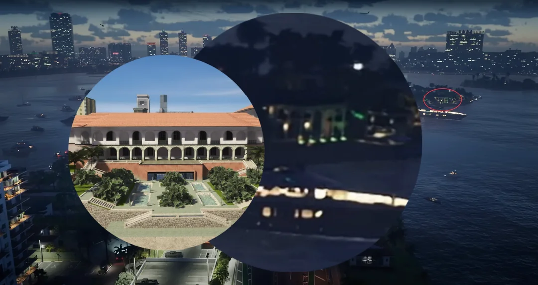 Is this vercetti estate 2 Composite Cityscape at Dusk with Two Overlapping Circular Insets Left Highlights a Daylight View of a Historic Courtyard Building Right Shows a Dark Nighttime Harbor Scene
