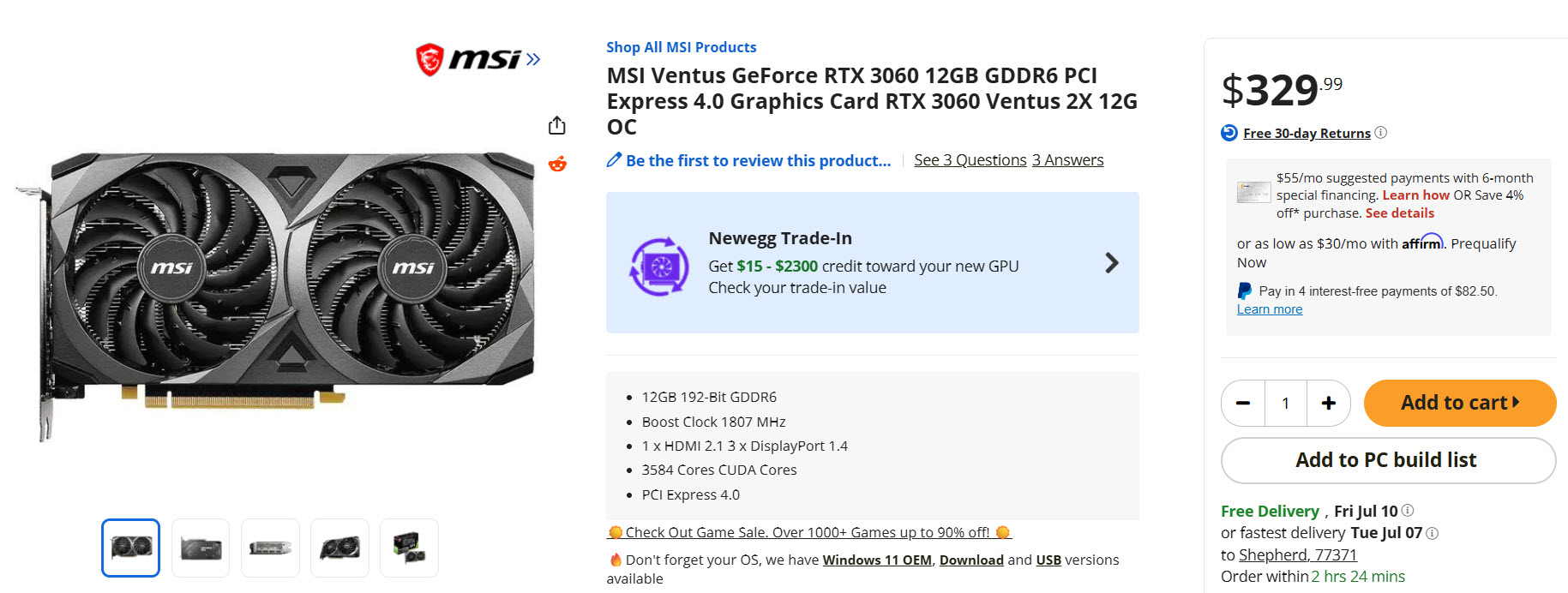 MSI GeForce RTX 3060 12GB graphics card with dual fans and PCIe edge connector