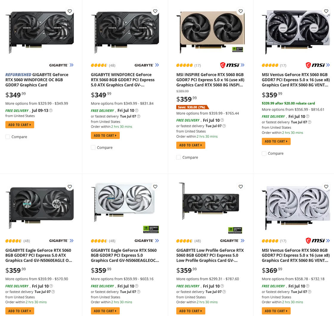 Grid of GPU product cards from Gigabyte and MSI with prices and Add to Cart buttons for each item.