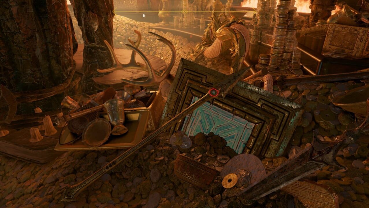 Týrs Vault Phranque 33 Treasure Chamber Filled with Coins Gems and Ornate Relics Scattered Around a Damaged Turquoise Panel