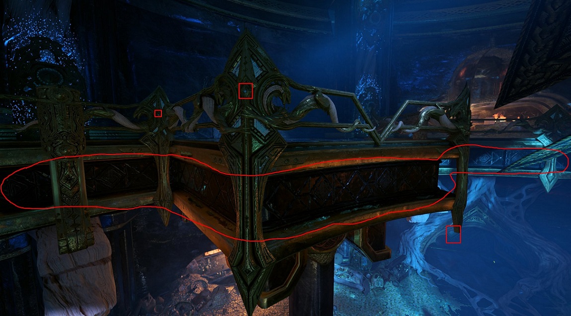 Týrs Vault Phranque 331 Ornate Metal Walkway with Decorative Railings in a Blue lit Cavern Spanning a Chasm