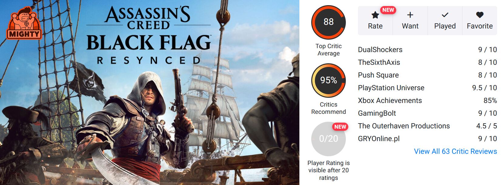 Assassin's Creed IV: Black Flag cover with a hooded pirate wielding a cutlass on a ship deck; Mighty logo in top-left.