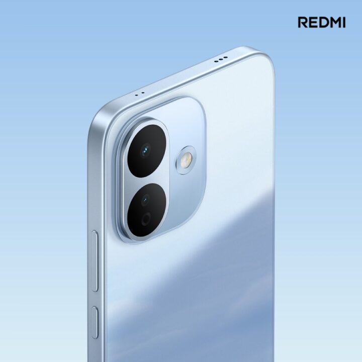 Back view of a blue Redmi smartphone with a triple-camera module and LED flash, against a blue gradient background (branding shows 'REDMI').