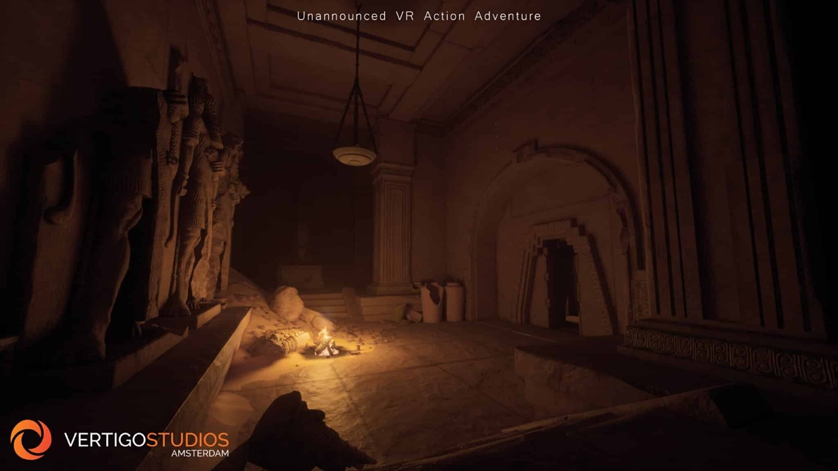 Dimly Lit Ancient Temple Interior with Statue lined Wall and a Small Campfire in the Foreground