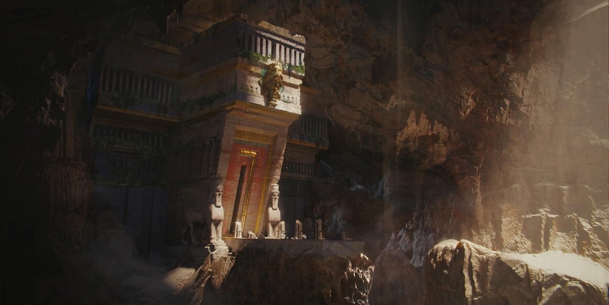 Stone Temple Carved into a Cave Wall with a Doorway Flanked by Two Lion Statues and Warm Light Filtering In