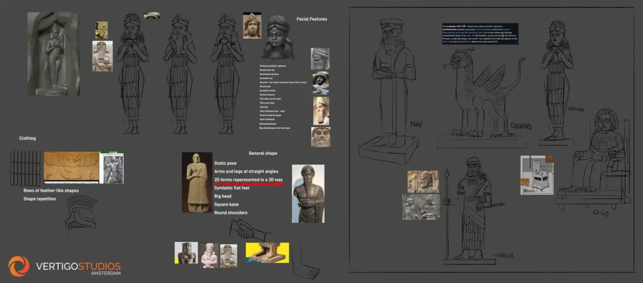 Concept Board of Stylized Ancient Figures with Clothing Studies and Facial features Labels on a Dark Background