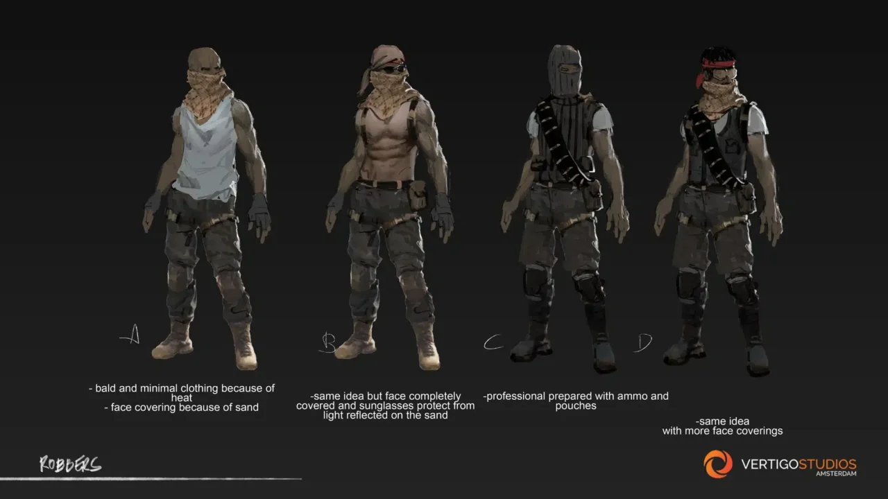 Four Tactical Soldiers in Desert Camouflage Gear Stand in a Row Each with Different Face Coverings and Headgear Against a Dark Background